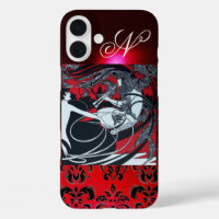 ART NOUVEAU PAN , RED BLACK WHITE DAMASK MONOGRAM