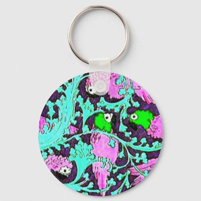 Art nouveau parrot jungle tropical teal purple  keychain (Front)