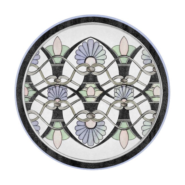 Art Nouveau Pastel Shells, Lilies & Black Arches Cutting Board (Front)
