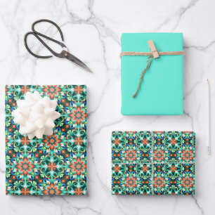 Art Nouveau Pattern in Deep Dark Teal, Peacock... Wrapping Paper Sheet