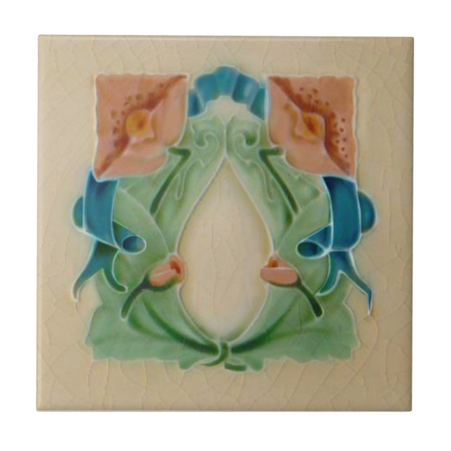 Art Nouveau Peach Mint Teal Floral Antique Repro Tile (Front)