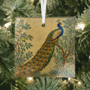 Art Nouveau Peacock Botanical Illustration  Glass Ornament
