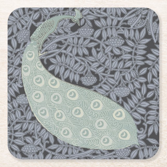 Art Nouveau Peacock Classic Vintage Bird Square Paper Coaster (Front)