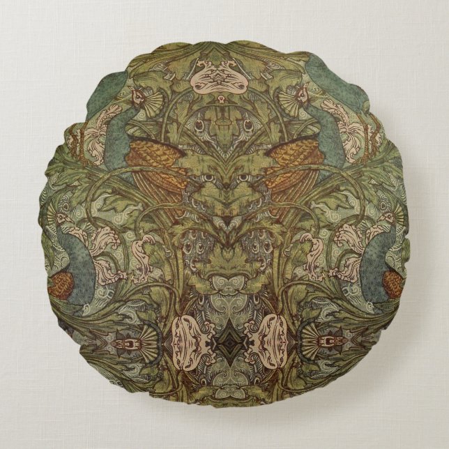 Art nouveau peacock floral jacquard tapestry  round pillow (Front)