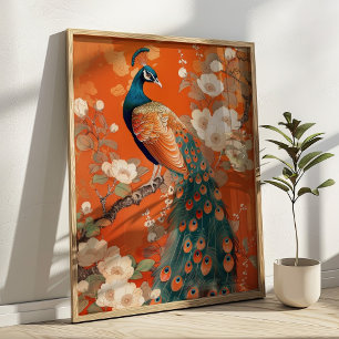 Art Nouveau Peacock on Orange Floral Poster