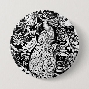 Art Nouveau Peacock Print, Black and White 3 Inch Round Button