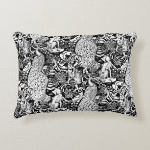 Art Nouveau Peacock Print, Black and White Accent Pillow