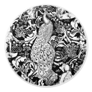 Art Nouveau Peacock Print, Black and White Ceramic Knob
