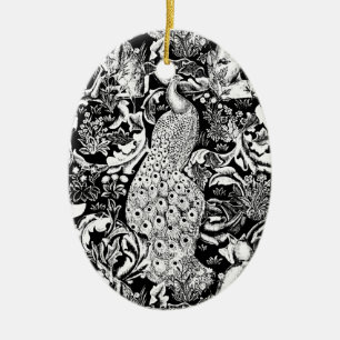Art Nouveau Peacock Print, Black and White Ceramic Ornament