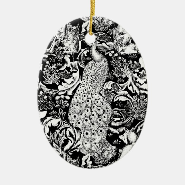 Art Nouveau Peacock Print, Black and White Ceramic Ornament (Front)