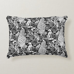 Art Nouveau Peacock Print, Black and White Decorative Pillow