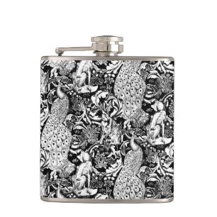 Art Nouveau Peacock Print, Black and White Hip Flask