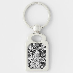 Art Nouveau Peacock Print, Black and White Keychain