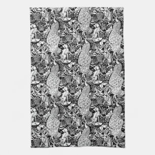 Art Nouveau Peacock Print, Black and White Kitchen Towel
