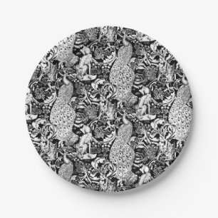 Art Nouveau Peacock Print, Black and White Paper Plate