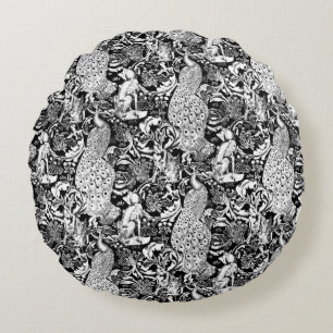 Art Nouveau Peacock Print, Black and White Round Pillow