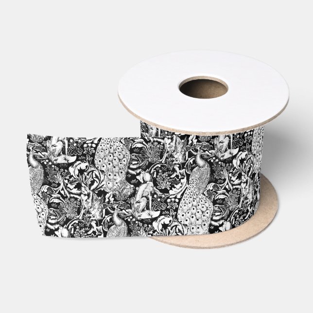Art Nouveau Peacock Print, Black and White Satin Ribbon (Spool)