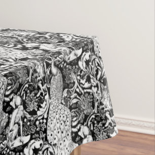 Art Nouveau Peacock Print, Black and White Tablecloth
