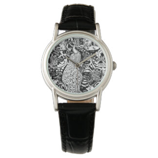 Art Nouveau Peacock Print, Black and White Watch
