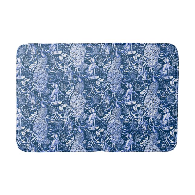 Art Nouveau Peacock Print, Blue and White Bath Mat (Front)