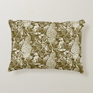 Art Nouveau Peacock Print, Brown and Cream Accent Pillow
