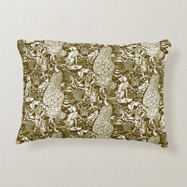 Art Nouveau Peacock Print, Brown and Cream Accent Pillow (Back)