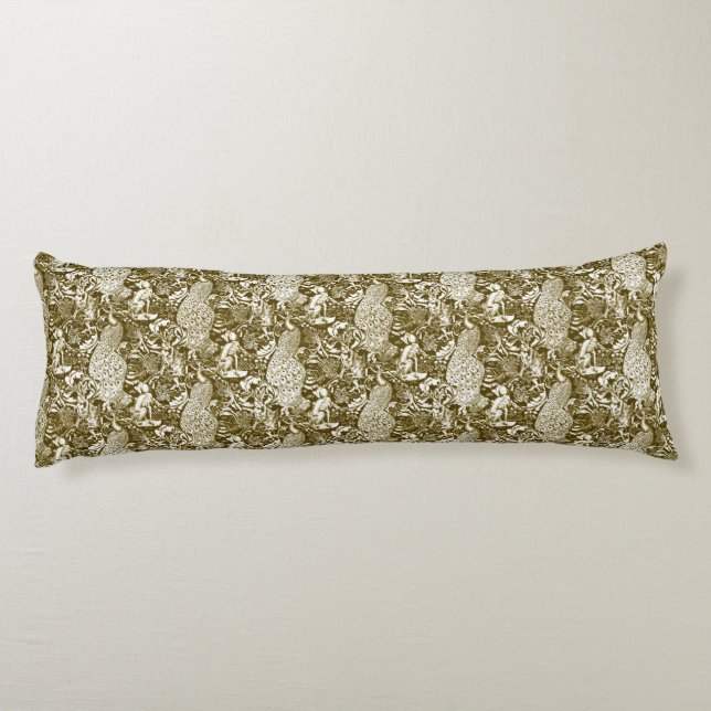 Art Nouveau Peacock Print, Brown and Cream Body Pillow (Back)