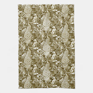 Art Nouveau Peacock Print, Brown and Cream Kitchen Towel