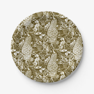 Art Nouveau Peacock Print, Brown and Cream Paper Plate