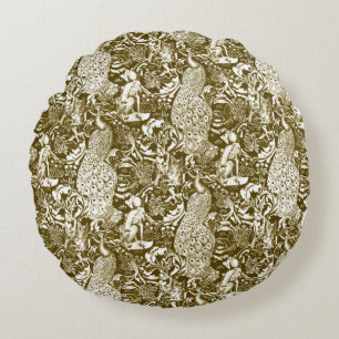 Art Nouveau Peacock Print, Brown and Cream Round Pillow