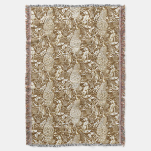Art Nouveau Peacock Print, Brown and Cream Throw Blanket