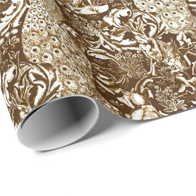 Art Nouveau Peacock Print, Brown and Cream Wrapping Paper (Roll Corner)