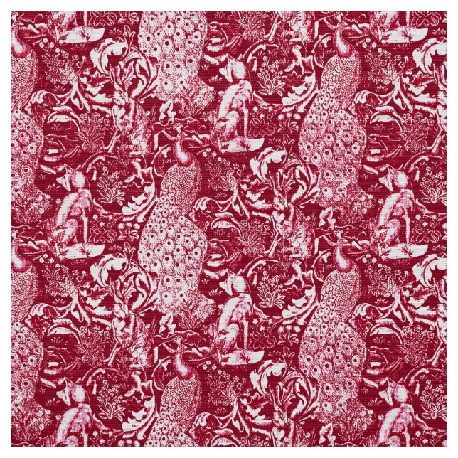 Art Nouveau Peacock Print, Burgundy Wine Fabric (Swatch)