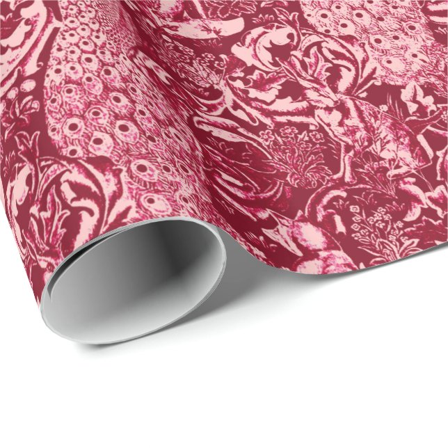 Art Nouveau Peacock Print, Burgundy Wine Wrapping Paper (Roll Corner)