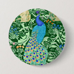 Art Nouveau Peacock Print, Cobalt Blue & Green 3 Inch Round Button