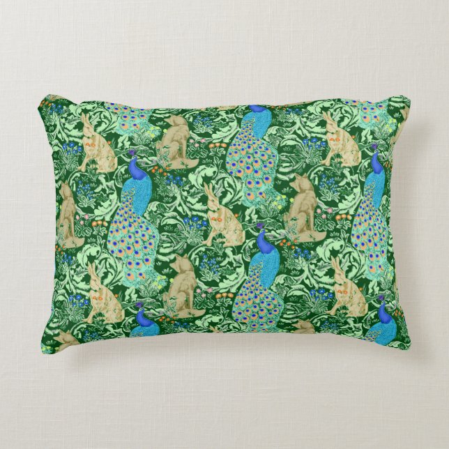 Art Nouveau Peacock Print, Cobalt Blue & Green Decorative Pillow (Front)