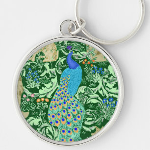 Art Nouveau Peacock Print, Cobalt Blue & Green Keychain