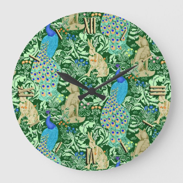 Art Nouveau Peacock Print, Cobalt Blue & Green Large Clock (Front)