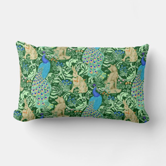 Art Nouveau Peacock Print, Cobalt Blue & Green Lumbar Pillow (Front)