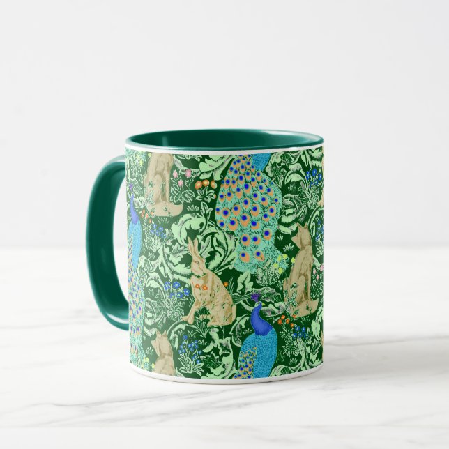 Art Nouveau Peacock Print, Cobalt Blue & Green Mug (Front Left)