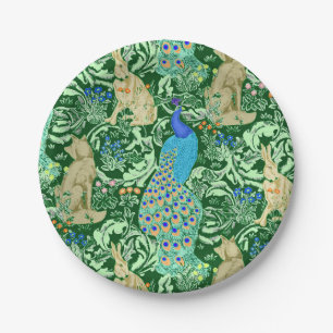 Art Nouveau Peacock Print, Cobalt Blue & Green Paper Plate