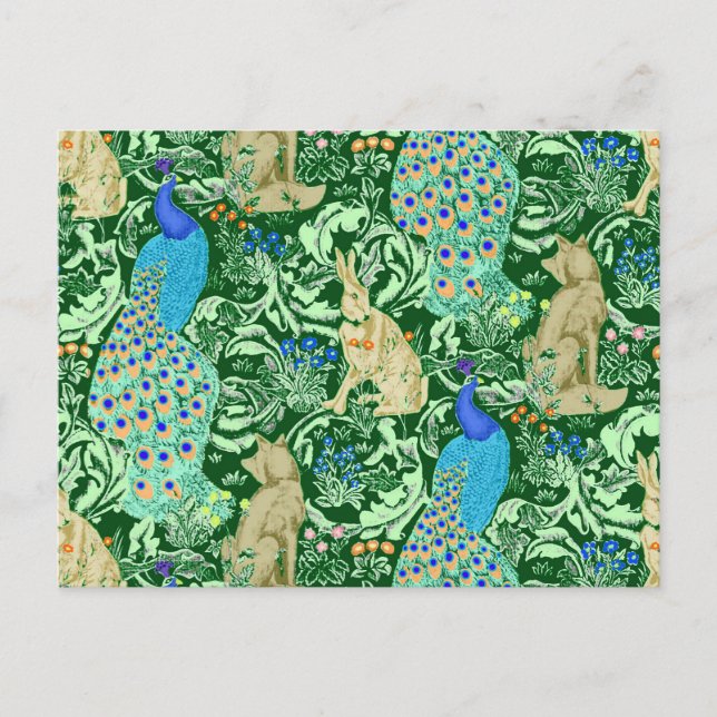 Art Nouveau Peacock Print, Cobalt Blue & Green Postcard (Front)