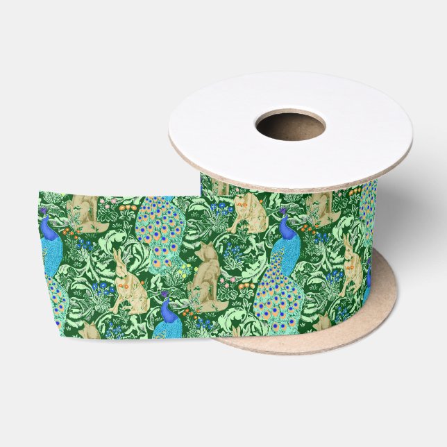 Art Nouveau Peacock Print, Cobalt Blue & Green Satin Ribbon (Spool)