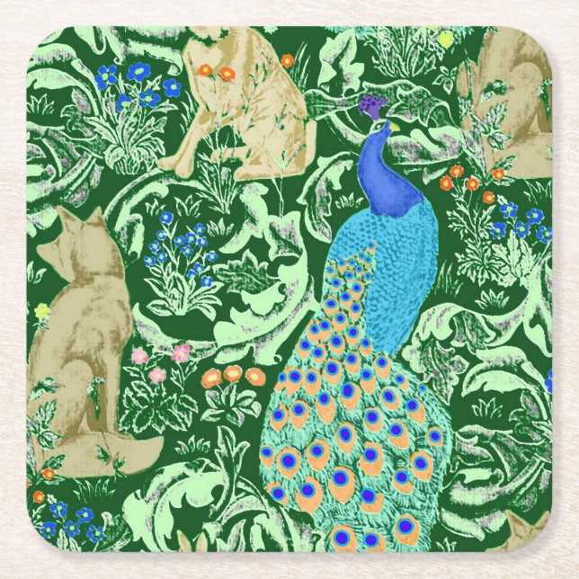 Art Nouveau Peacock Print, Cobalt Blue & Green Square Paper Coaster (Front)