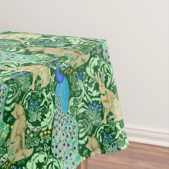 Art Nouveau Peacock Print, Cobalt Blue & Green Tablecloth (In Situ)