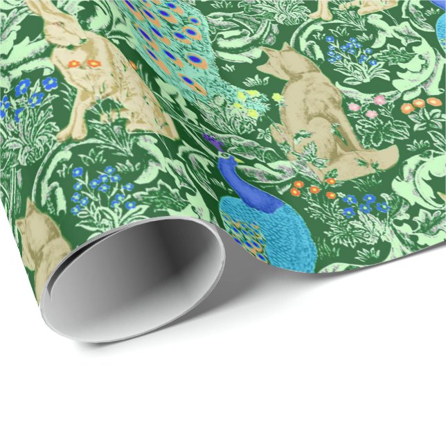 Art Nouveau Peacock Print, Cobalt Blue & Green Wrapping Paper (Roll Corner)