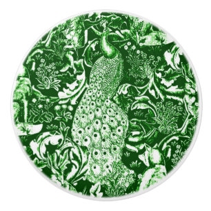 Art Nouveau Peacock Print, Forest Green Ceramic Knob