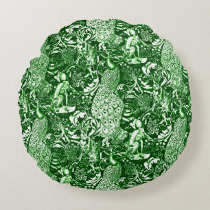 Art Nouveau Peacock Print, Forest Green Round Pillow
