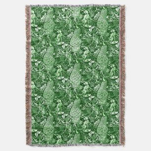 Art Nouveau Peacock Print, Forest Green Throw Blanket
