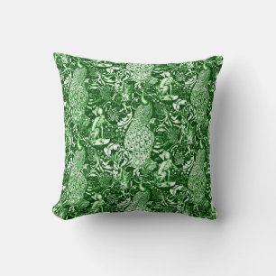 Art Nouveau Peacock Print, Forest Green Throw Pillow